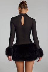Faux Fur-Trim Turtleneck Mini Dress in Black
