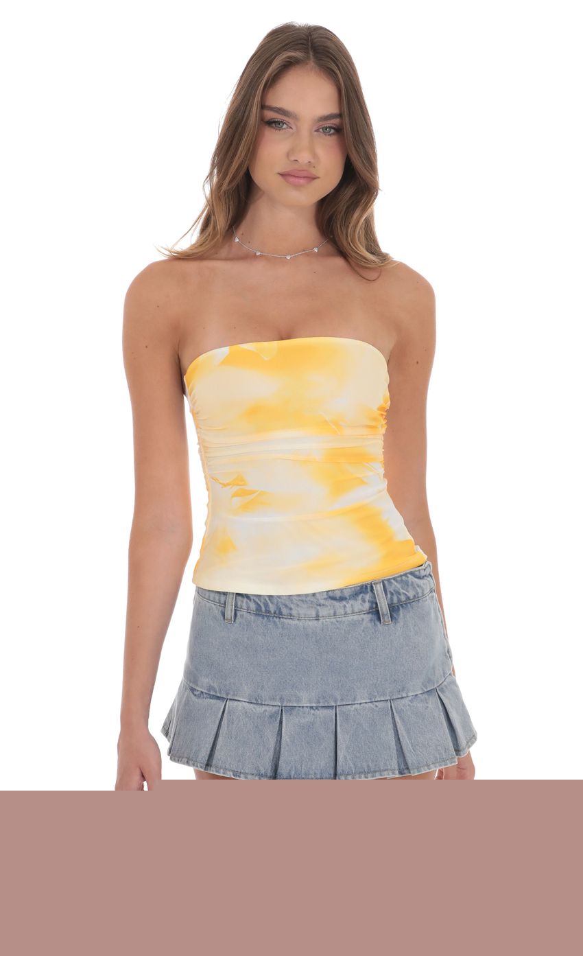 Mesh Floral Ruched Tube Top in Yellow