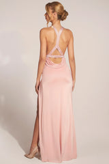 Cowl-Neck Thigh-High Gown in Blush Pink