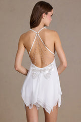 Premium Chiffon Plunge-Neck Open-Back Mini Dress in White