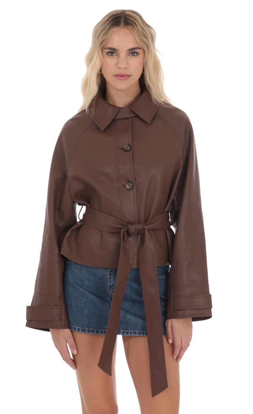 Belted Faux Leather Jacket in Black