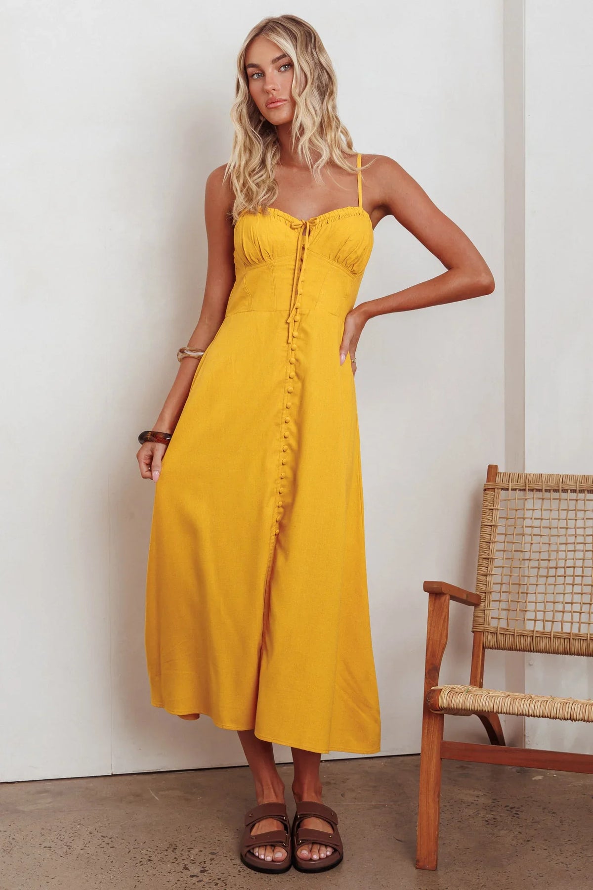 Back Together Button Front Midi Dress Marigold