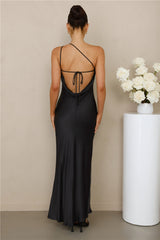 The Evangeline One Shoulder Satin Maxi Dress Black
