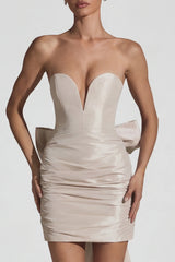 Satin Bow-Detail Strapless Mini Dress in Ivory