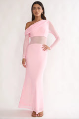 Milos Asymmetric Neckline Long Sleeve Maxi Dress Pink