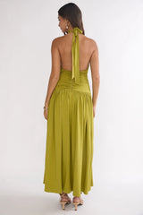 Nightbloom Ruched Waist Halter Maxi Dress Olive