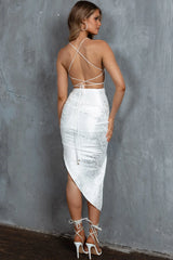 Annya Lace-Up Back Midi Dress Jacquard White