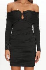 Anaelle Long Sleeve Off-Shoulder Mini Dress Black