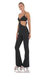 Shimmer Ribbed Cutout Jumpsuit in Black