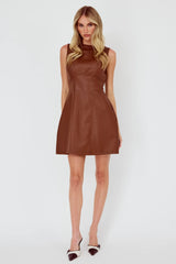 Opulent Sleeveless A-Line Mini Dress Faux Leather Brown